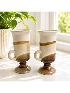 Vintage Japanese Pedestal Mugs Set Of 2 Earth Tone Banded Pottery Flared Rim Rus